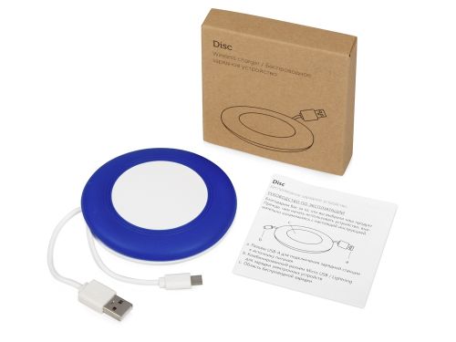 Беспроводное зарядное устройство со встроенным кабелем 2-в-1 Disc, синий