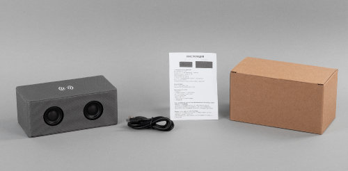 Bluetooth колонка "Cool Gray" с двумя динамиками (2х3Вт) и беспроводным зарядным устройством, переработанный пластик (RPET), серый