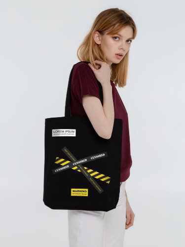 Холщовая сумка с термонаклейками Cautions, черная