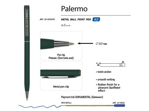 Ручка Palermo шариковая  автоматическая, зеленый металлический корпус, 0,7 мм, синяя