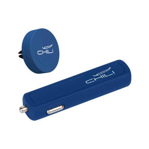 Набор автомобильное зарядное устройство "Slam" + магнитный держатель для телефона "Allo" в футляре, покрытие soft touch, темно-синий